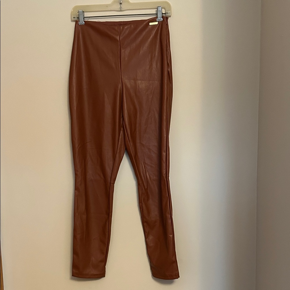 Fabletics vegan leather side zip brown leggings size medium new with tags